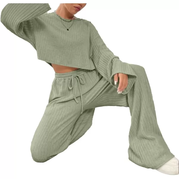 LYANER Women's 2 Piece Casual Outfits Long Bishop Sleeve Crop Top and Wide Leg Long Pants Knit Tracksuit Sets