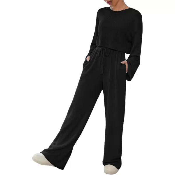 LYANER Women's 2 Piece Casual Outfits Long Bishop Sleeve Crop Top and Wide Leg Long Pants Knit Tracksuit Sets