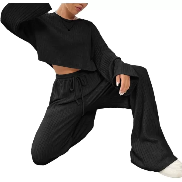 LYANER Women's 2 Piece Casual Outfits Long Bishop Sleeve Crop Top and Wide Leg Long Pants Knit Tracksuit Sets