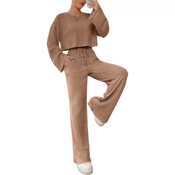 LYANER Women's 2 Piece Casual Outfits Long Bishop Sleeve Crop Top and Wide Leg Long Pants Knit Tracksuit Sets