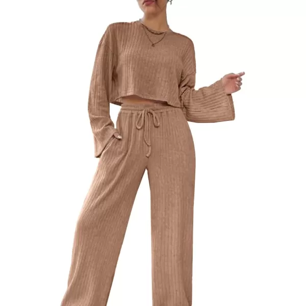 LYANER Women's 2 Piece Casual Outfits Long Bishop Sleeve Crop Top and Wide Leg Long Pants Knit Tracksuit Sets