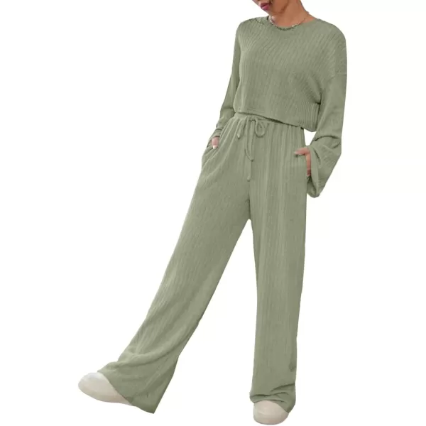 LYANER Women's 2 Piece Casual Outfits Long Bishop Sleeve Crop Top and Wide Leg Long Pants Knit Tracksuit Sets