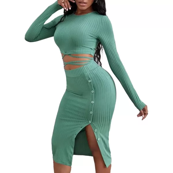 LYANER Women's 2 Piece Matching Dress Set Criss Cross Crop Top Ribbed Button Split Slit Midi Skirt Set