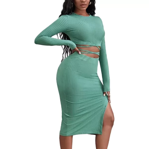 LYANER Women's 2 Piece Matching Dress Set Criss Cross Crop Top Ribbed Button Split Slit Midi Skirt Set