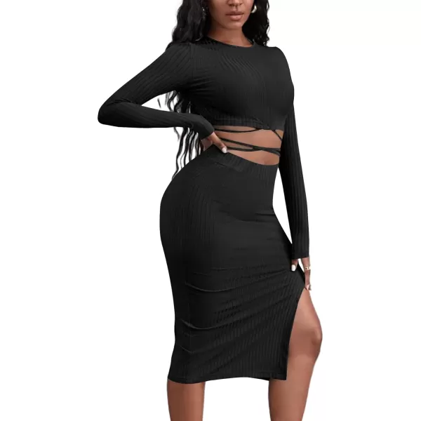 LYANER Women's 2 Piece Matching Dress Set Criss Cross Crop Top Ribbed Button Split Slit Midi Skirt Set