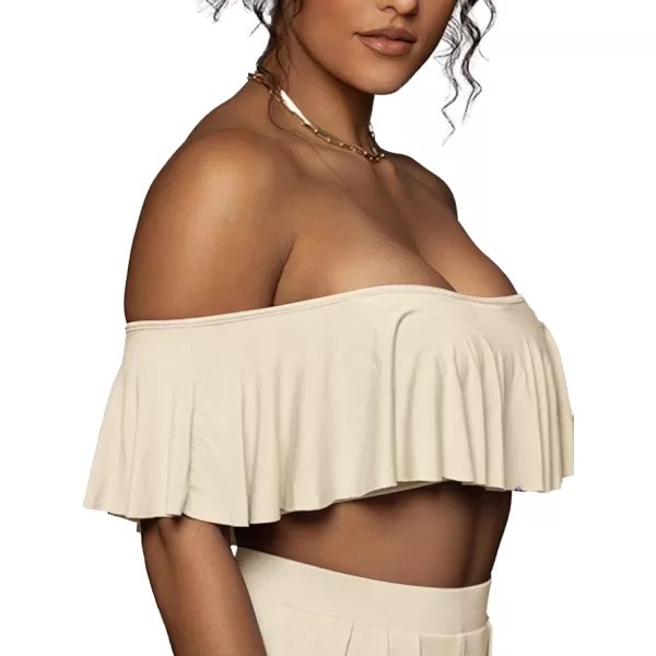 LYANER Women's 2 Piece Outfit Off the Shoulder Ruffle Short Sleeve Tube Crop Top and Wide Leg Pants Set