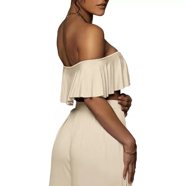 LYANER Women's 2 Piece Outfit Off the Shoulder Ruffle Short Sleeve Tube Crop Top and Wide Leg Pants Set
