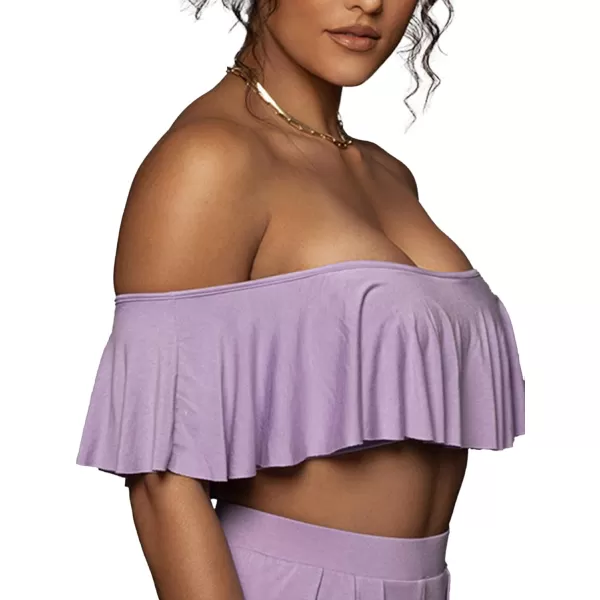 LYANER Women's 2 Piece Outfit Off the Shoulder Ruffle Short Sleeve Tube Crop Top and Wide Leg Pants Set