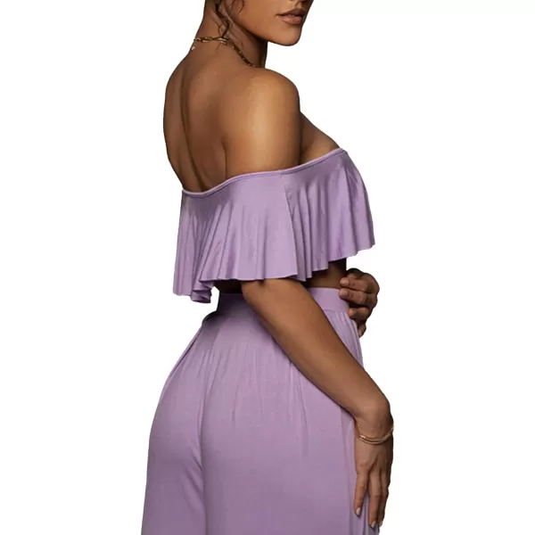 LYANER Women's 2 Piece Outfit Off the Shoulder Ruffle Short Sleeve Tube Crop Top and Wide Leg Pants Set