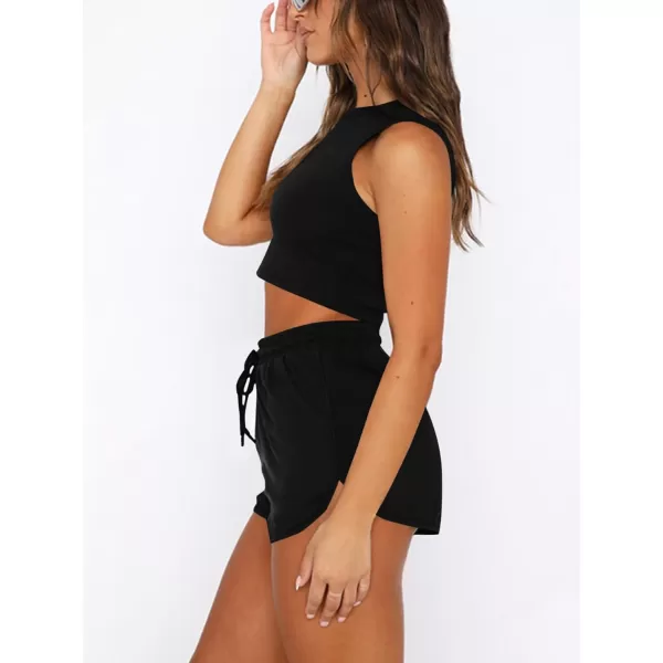 LYANER Women's 2 Piece Outfit Pants Sleeveless Crop Top and Drawstring Shorts Set Tracksuit