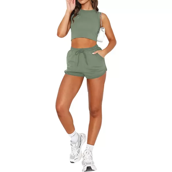 LYANER Women's 2 Piece Outfit Pants Sleeveless Crop Top and Drawstring Shorts Set Tracksuit