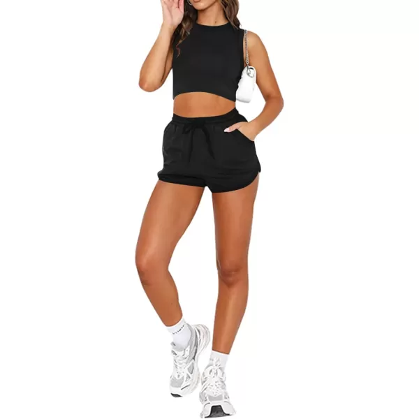 LYANER Women's 2 Piece Outfit Pants Sleeveless Crop Top and Drawstring Shorts Set Tracksuit