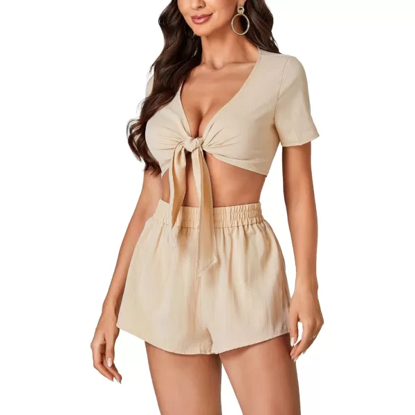 LYANER Women's 2 Piece Outfit Tie Knot Front Short Sleeve Crop Top and High Waist Shorts Set