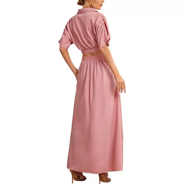 LYANER Women's 2 Piece Outfits Button Down Bat Sleeve Shirts Top and High Waist Split Maxi Long Skirt Set