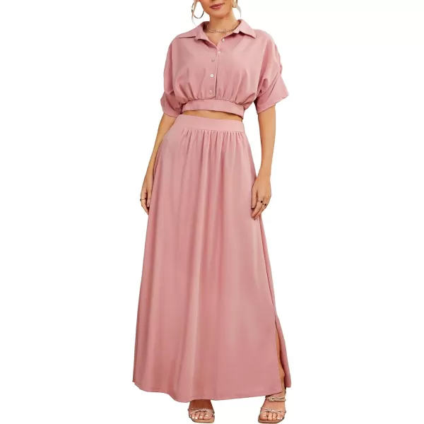 LYANER Women's 2 Piece Outfits Button Down Bat Sleeve Shirts Top and High Waist Split Maxi Long Skirt Set