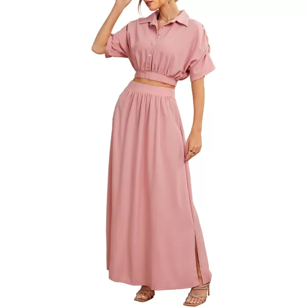 LYANER Women's 2 Piece Outfits Button Down Bat Sleeve Shirts Top and High Waist Split Maxi Long Skirt Set