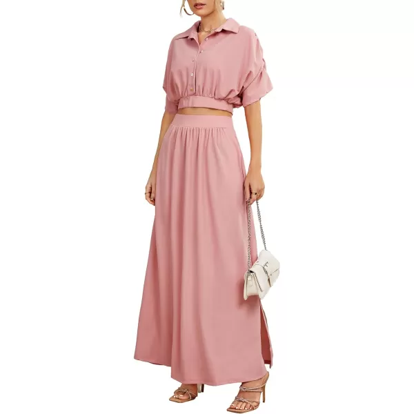 LYANER Women's 2 Piece Outfits Button Down Bat Sleeve Shirts Top and High Waist Split Maxi Long Skirt Set