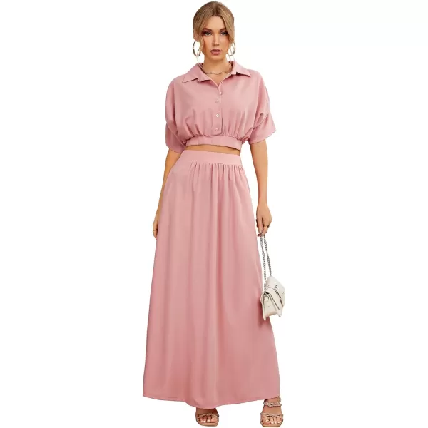 LYANER Women's 2 Piece Outfits Button Down Bat Sleeve Shirts Top and High Waist Split Maxi Long Skirt Set
