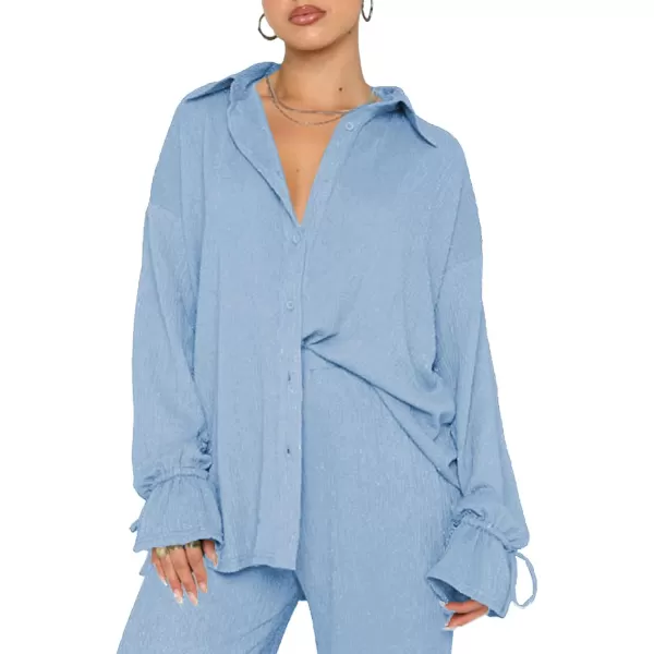 LYANER Women's 2 Piece Outfits Button Down Long Sleeve Shirt and Wide Leg Pants Set