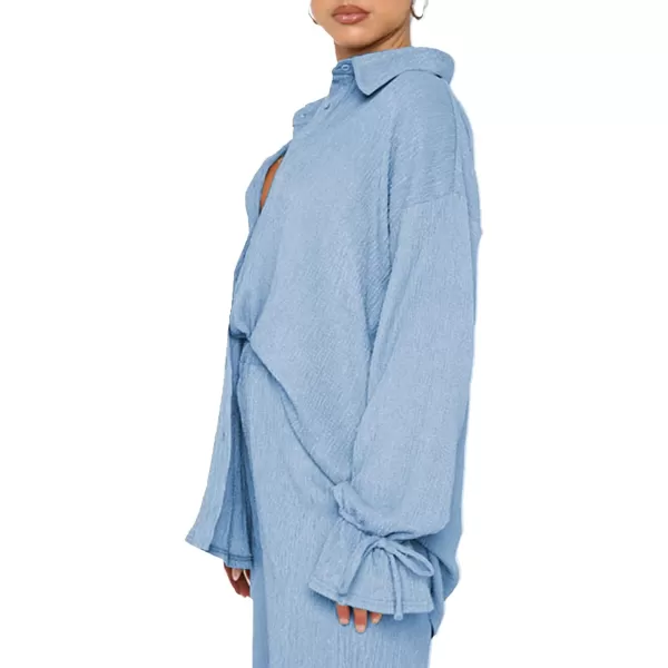 LYANER Women's 2 Piece Outfits Button Down Long Sleeve Shirt and Wide Leg Pants Set