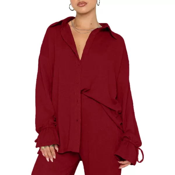 LYANER Women's 2 Piece Outfits Button Down Long Sleeve Shirt and Wide Leg Pants Set