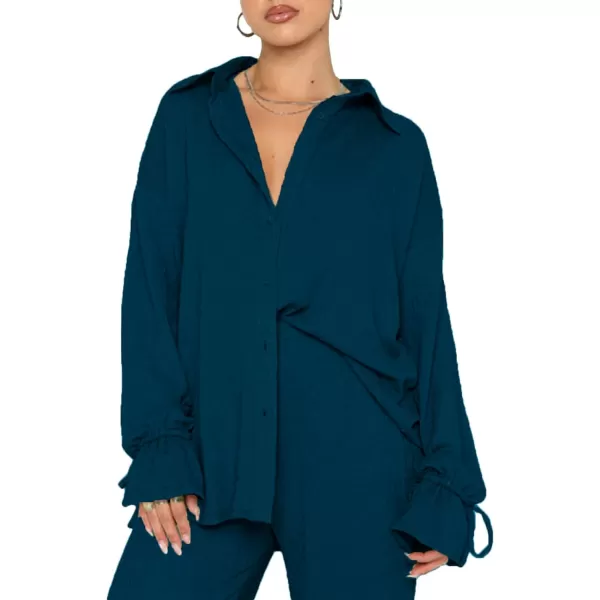 LYANER Women's 2 Piece Outfits Button Down Long Sleeve Shirt and Wide Leg Pants Set