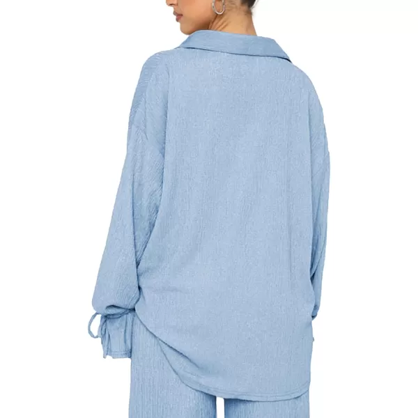 LYANER Women's 2 Piece Outfits Button Down Long Sleeve Shirt and Wide Leg Pants Set