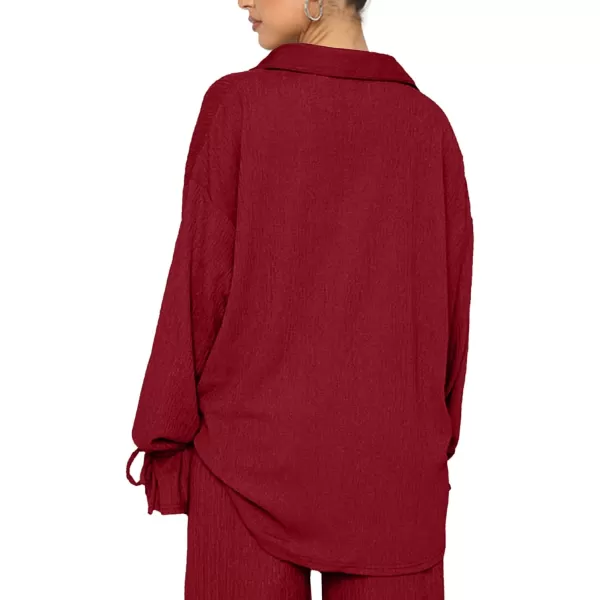 LYANER Women's 2 Piece Outfits Button Down Long Sleeve Shirt and Wide Leg Pants Set