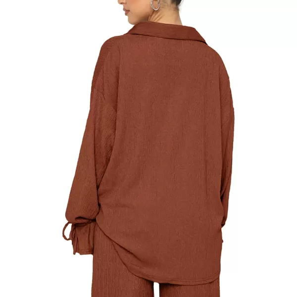 LYANER Women's 2 Piece Outfits Button Down Long Sleeve Shirt and Wide Leg Pants Set