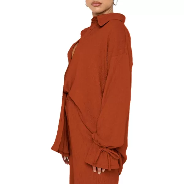 LYANER Women's 2 Piece Outfits Button Down Long Sleeve Shirt and Wide Leg Pants Set