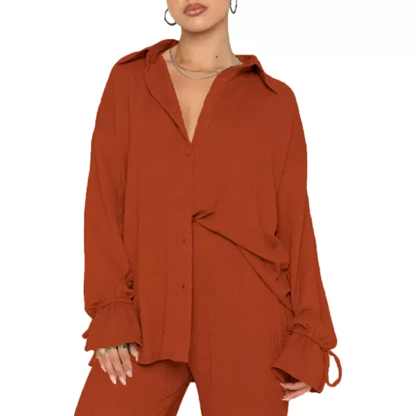LYANER Women's 2 Piece Outfits Button Down Long Sleeve Shirt and Wide Leg Pants Set
