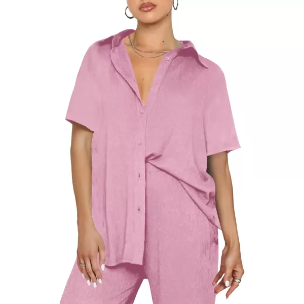 LYANER Women's 2 Piece Outfits Button Down Short Sleeve Shirt and Wide Leg Pants Set
