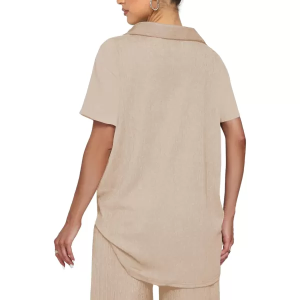 LYANER Women's 2 Piece Outfits Button Down Short Sleeve Shirt and Wide Leg Pants Set
