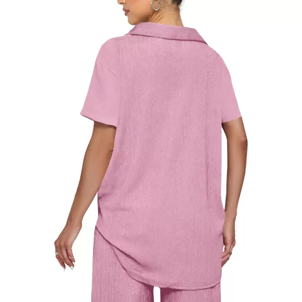 LYANER Women's 2 Piece Outfits Button Down Short Sleeve Shirt and Wide Leg Pants Set
