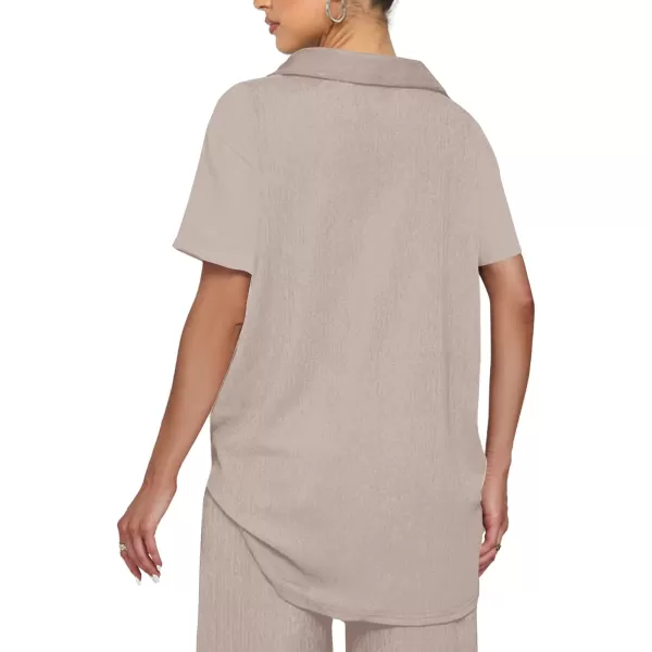 LYANER Women's 2 Piece Outfits Button Down Short Sleeve Shirt and Wide Leg Pants Set