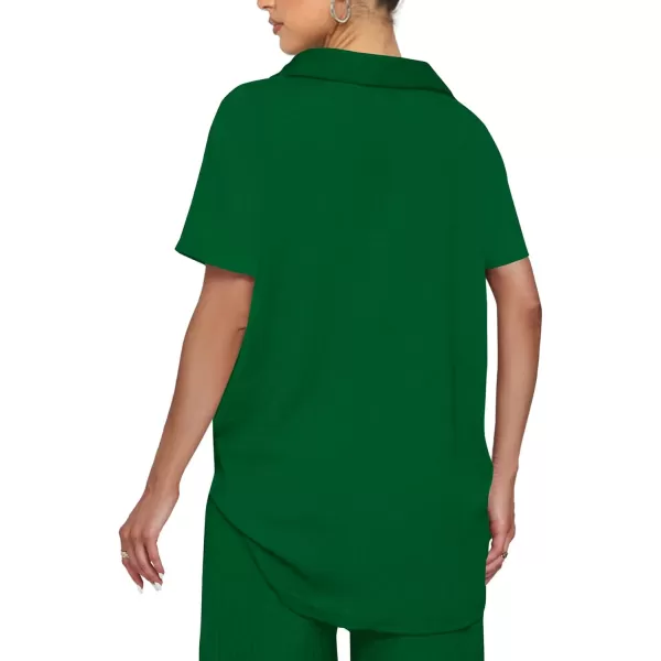 LYANER Women's 2 Piece Outfits Button Down Short Sleeve Shirt and Wide Leg Pants Set