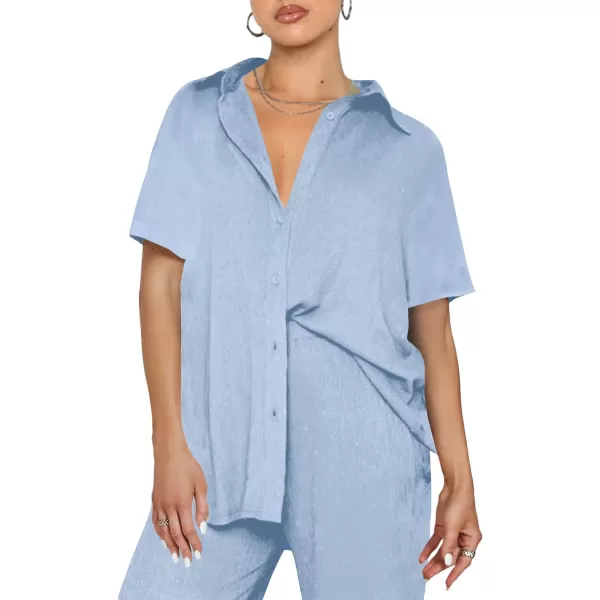 LYANER Women's 2 Piece Outfits Button Down Short Sleeve Shirt and Wide Leg Pants Set