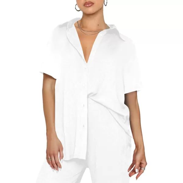 LYANER Women's 2 Piece Outfits Button Down Short Sleeve Shirt and Wide Leg Pants Set