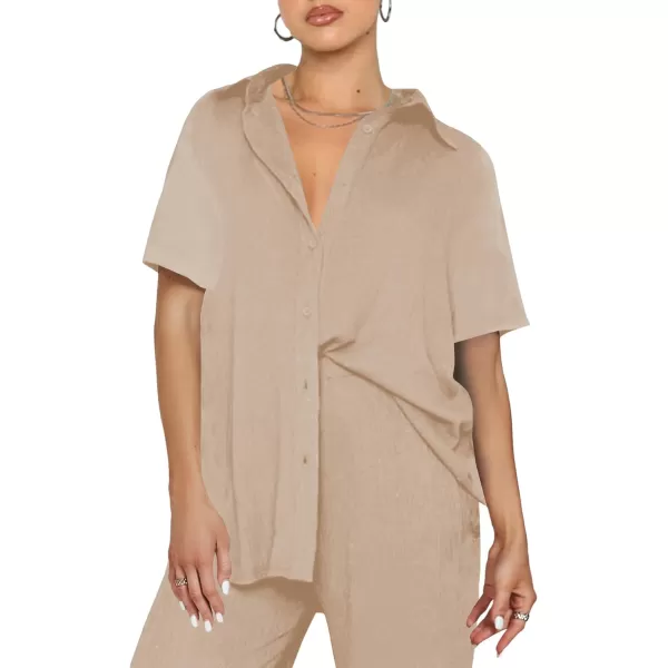LYANER Women's 2 Piece Outfits Button Down Short Sleeve Shirt and Wide Leg Pants Set
