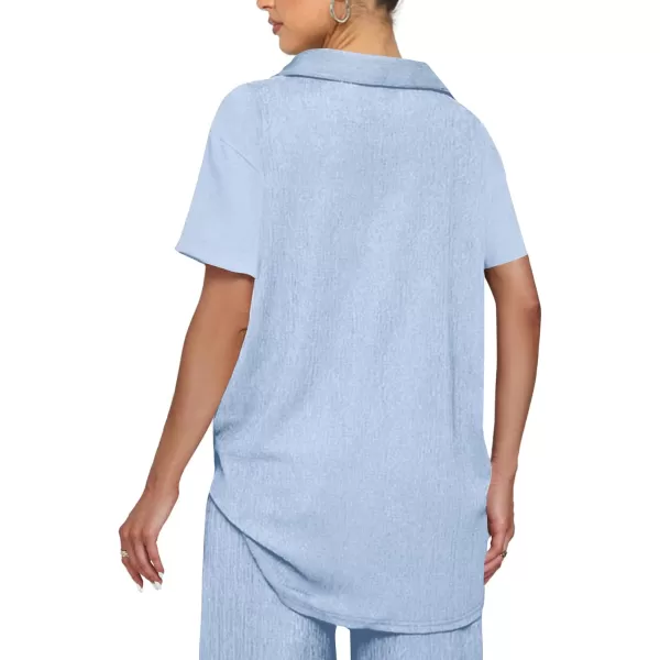 LYANER Women's 2 Piece Outfits Button Down Short Sleeve Shirt and Wide Leg Pants Set