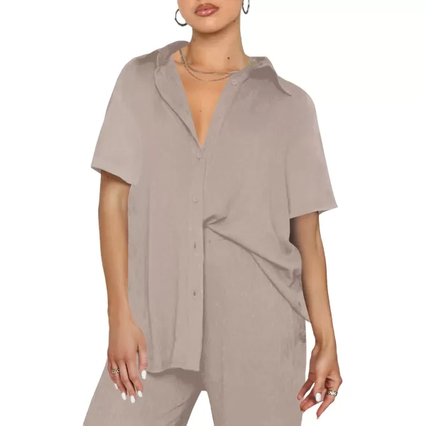 LYANER Women's 2 Piece Outfits Button Down Short Sleeve Shirt and Wide Leg Pants Set