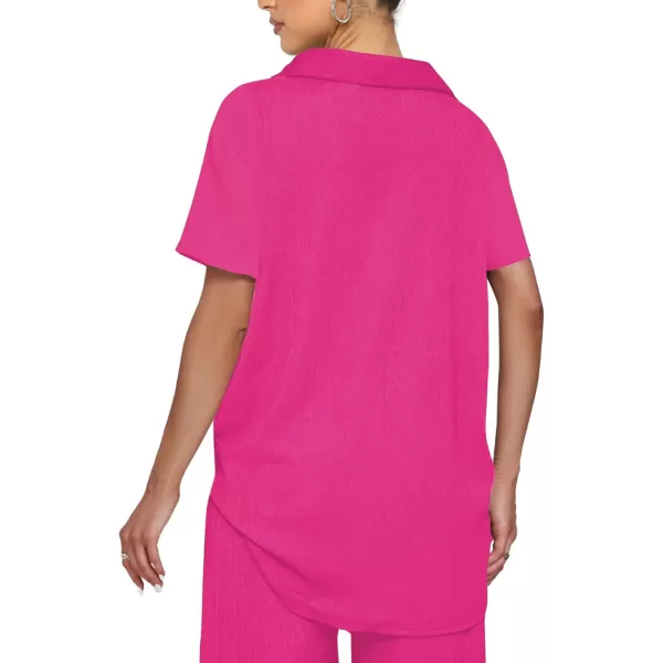LYANER Women's 2 Piece Outfits Button Down Short Sleeve Shirt and Wide Leg Pants Set