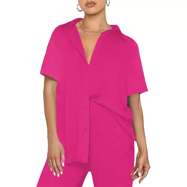LYANER Women's 2 Piece Outfits Button Down Short Sleeve Shirt and Wide Leg Pants Set
