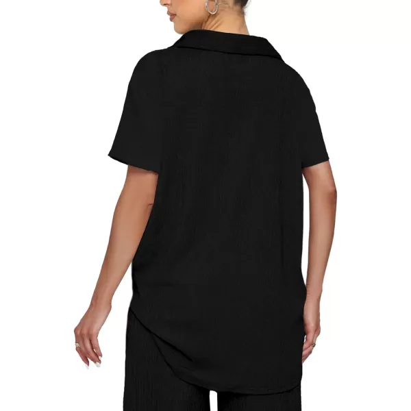 LYANER Women's 2 Piece Outfits Button Down Short Sleeve Shirt and Wide Leg Pants Set