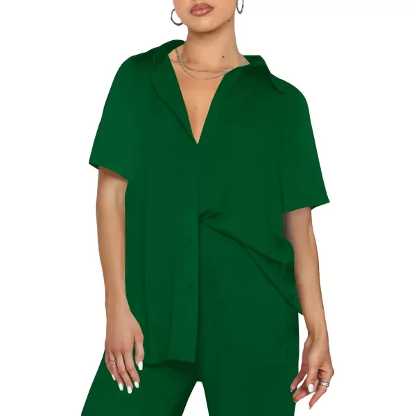 LYANER Women's 2 Piece Outfits Button Down Short Sleeve Shirt and Wide Leg Pants Set
