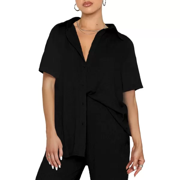 LYANER Women's 2 Piece Outfits Button Down Short Sleeve Shirt and Wide Leg Pants Set