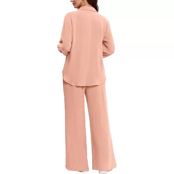 LYANER Women's 2 Piece Outfits Casual Long Sleeve Button Down Shirt and High Waist Wide Leg Pants Set