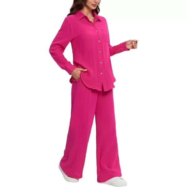LYANER Women's 2 Piece Outfits Casual Long Sleeve Button Down Shirt and High Waist Wide Leg Pants Set