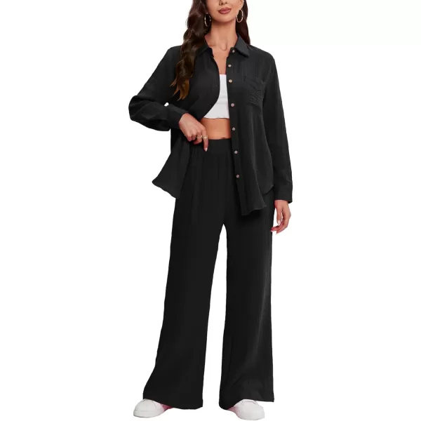 LYANER Women's 2 Piece Outfits Casual Long Sleeve Button Down Shirt and High Waist Wide Leg Pants Set
