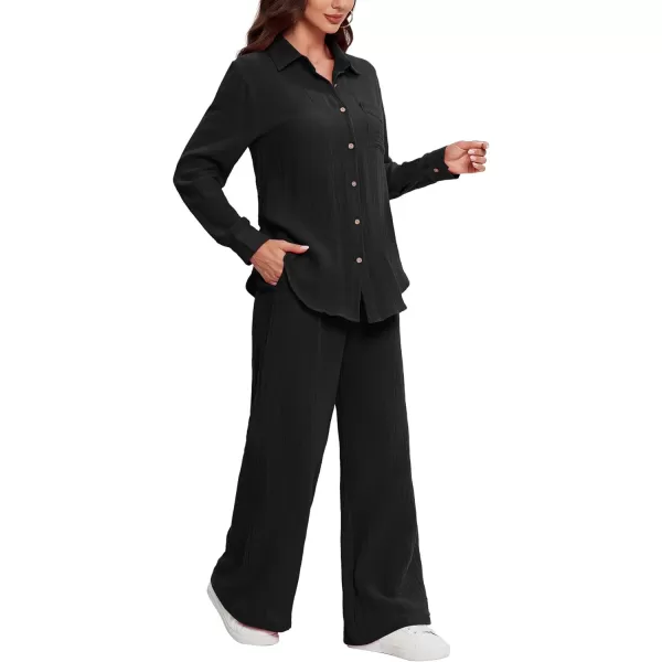 LYANER Women's 2 Piece Outfits Casual Long Sleeve Button Down Shirt and High Waist Wide Leg Pants Set